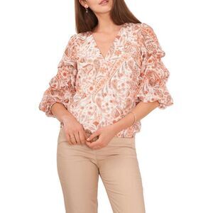 CeCe peach paisley ivory size small Elbow Sleeve Split-Neck Blouse